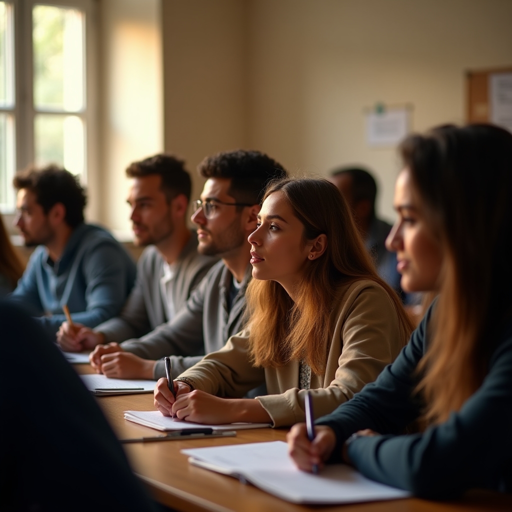 Junge Erwachsene in einem Seminarraum hören aufmerksam zu