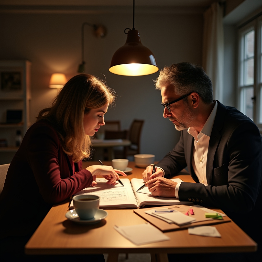 Zwei Personen arbeiten gemeinsam an einem Tisch mit Notizbüchern und Unterlagen
