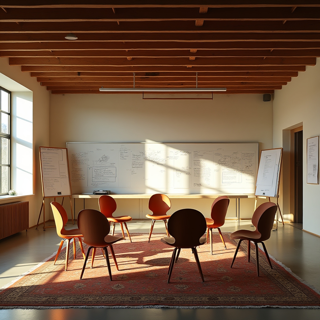 Heller Workshopraum mit Stühlen im Kreis und Moderationswänden